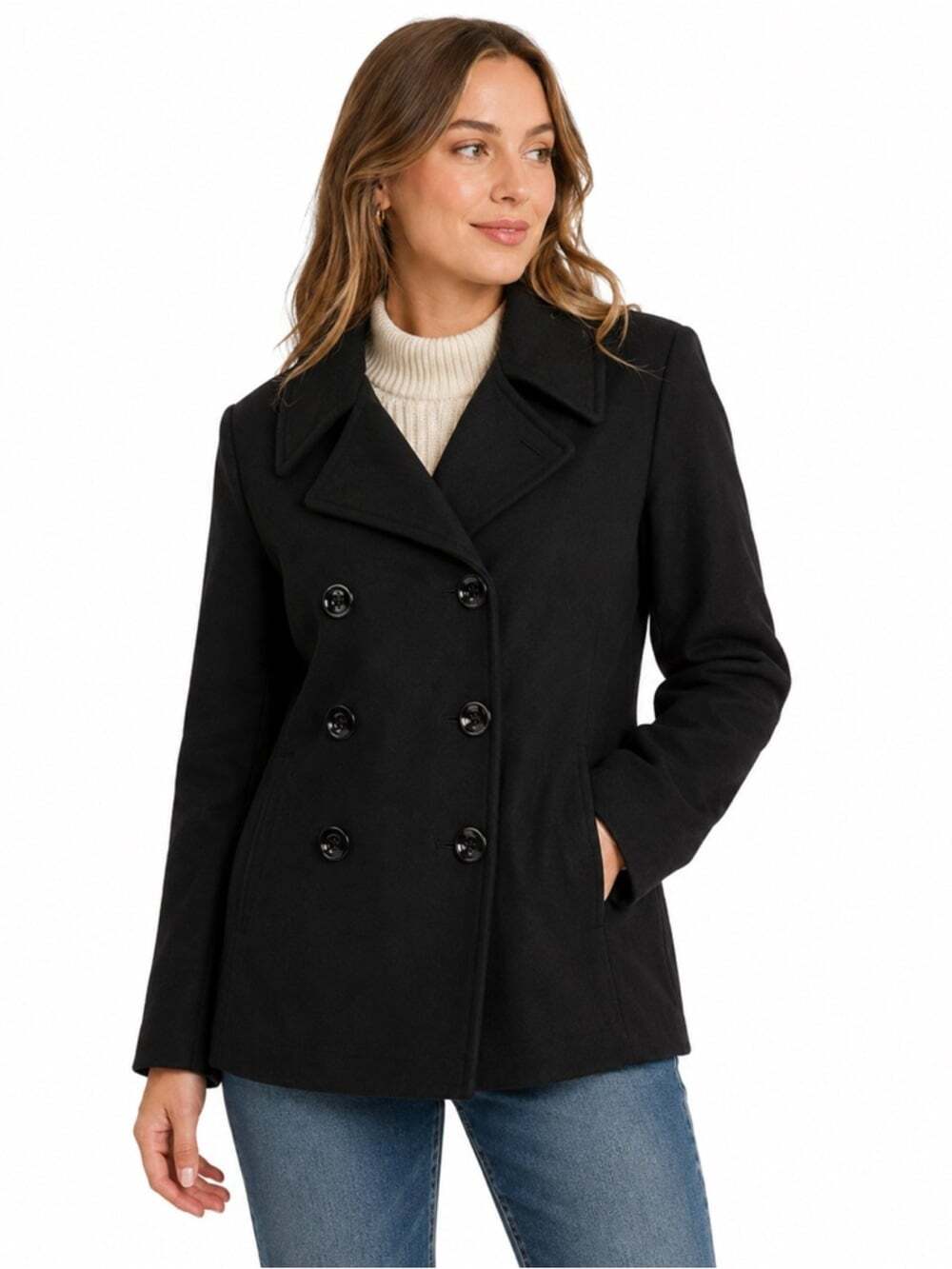 Calvin Klein Pea Coat Women 12 Black Wool Blend Button Front Classic Outerwear